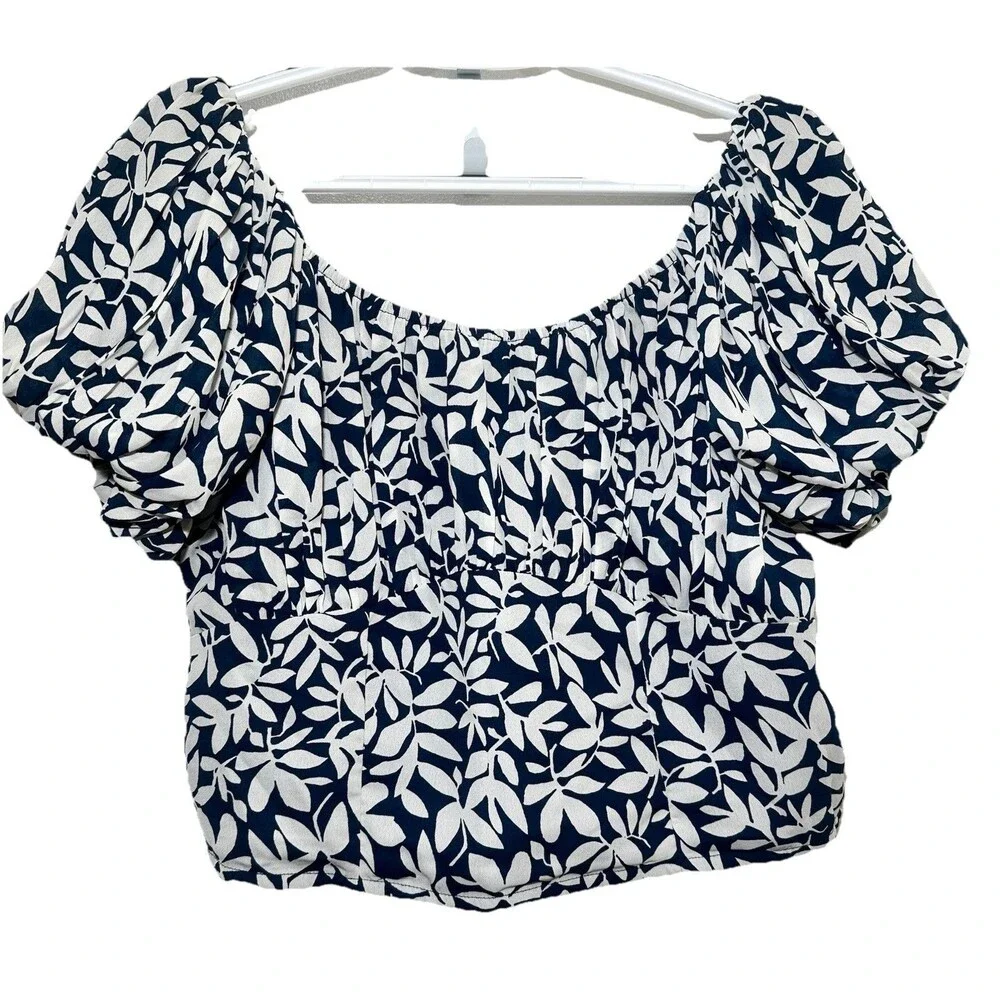 Abercrombie & Fitch Blue Floral Smocked Puff Sleeve Crop Top XL